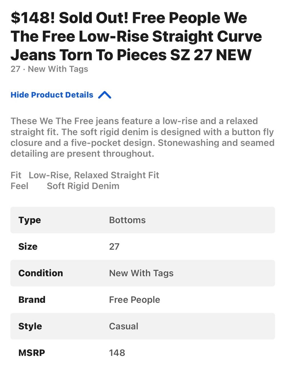 Free People / WE THE FREE Low Rise Straight Curve Jeans Torn to Pieces NWT - Picture 6 of 6